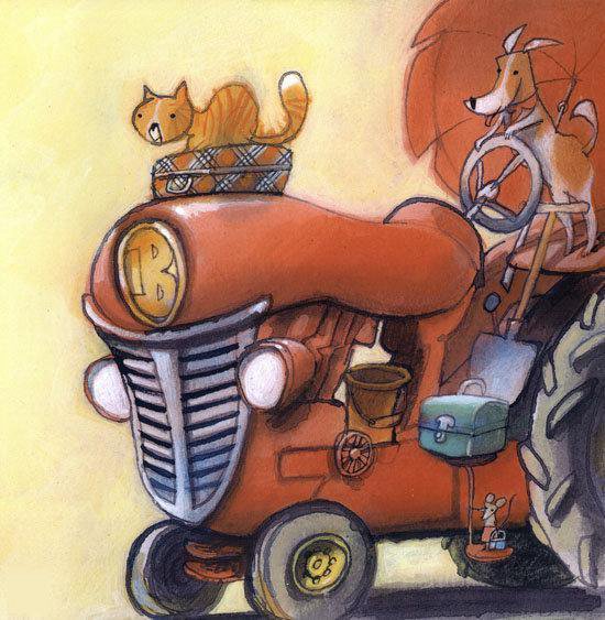 Hond bestuurt trekker met kat op de cabine.