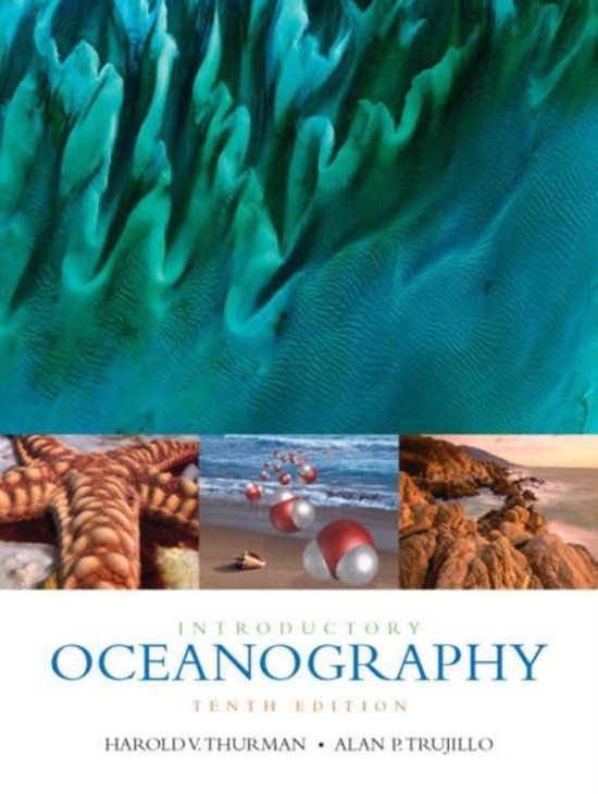 Titelpagina: Leerboek 'Introductory Oceanography', Tienth Editie, met afbeeldingen van zeester, moleculen en rotskust.