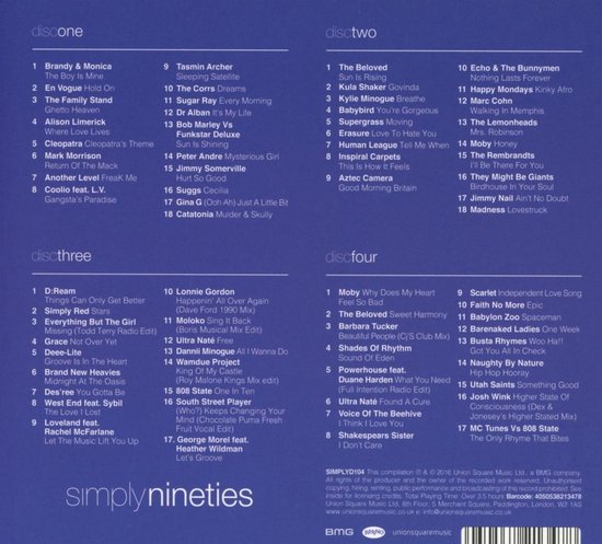 De binnenkant van de hoes van de "Simply Nineties" 4CD-boxset, met vier discobladen met de titels van de nummers.