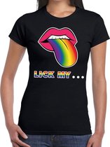 Lick my... gay pride t-shirt zwart met mond/ tong in regenboog kleuren voor dames - lgbt kleding L
