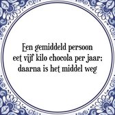 Tegeltje met Spreuk (Tegeltjeswijsheid): Een gemiddeld persoon eet vijf kilo chocola per jaar; daarna is het middel weg + Kado verpakking & Plakhanger