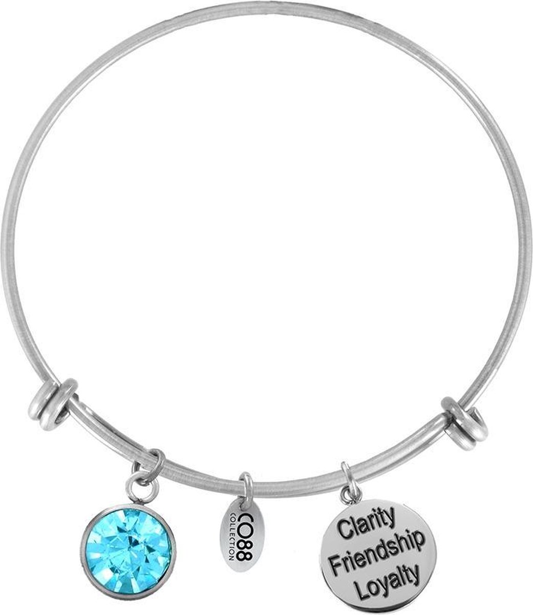 CO88 Collection Birthstone 8CB 12027 Stalen Armband met Hangers - Geboortesteen Maart met Swarovski Elements - One-size - Zilverkleurig / Licht Blauw