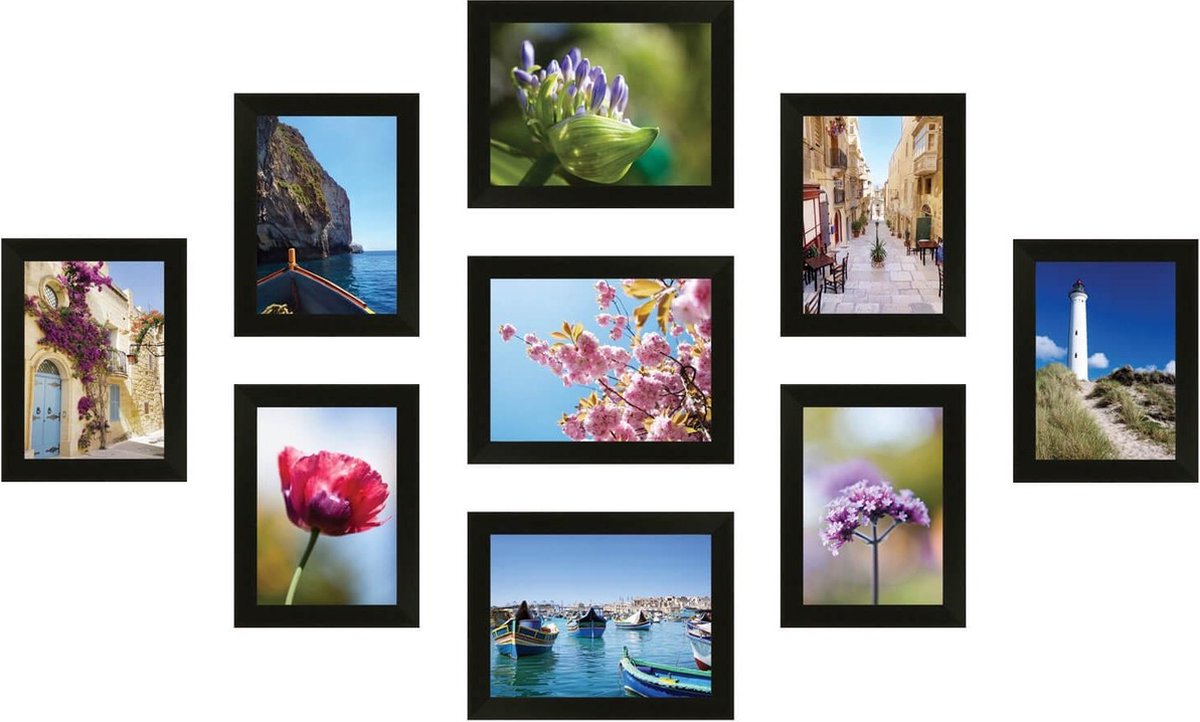 SecaDesign Fotowand zwart 9 fotolijsten PIA9B met handige template voor plaatsing. 6x 13x18cm, 3x 15x20cm fotomaat - fotomuur