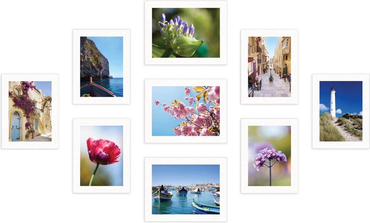 SecaDesign Fotowand wit 9 fotolijsten PIA9W met handige template voor plaatsing. 6x 13x18cm, 3x 15x20cm fotomaat - fotomuur