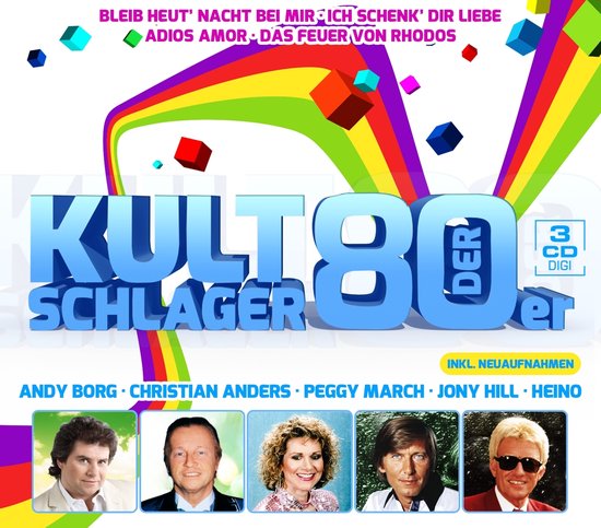Albumhoes 'Kultschlager Der 80er' met regenboog en vierkanten, met tekst in het Duits.