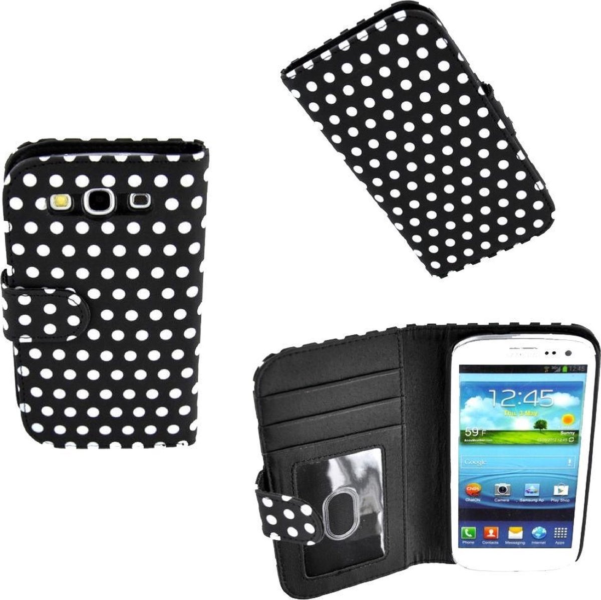 Samsung Galaxy S3 i9300 Wallet Bookcase hoesje Polkadot Zwart