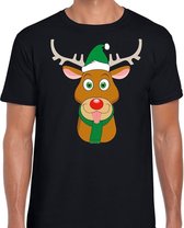 Foute Kerst t-shirt met Rudolf het rendier met groene kerstmuts zwart voor heren M