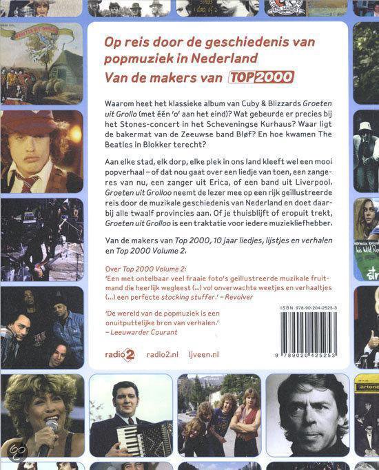Boekcover 'Op reis door de geschiedenis van popmuziek in Nederland'. Met collage van artiesten.