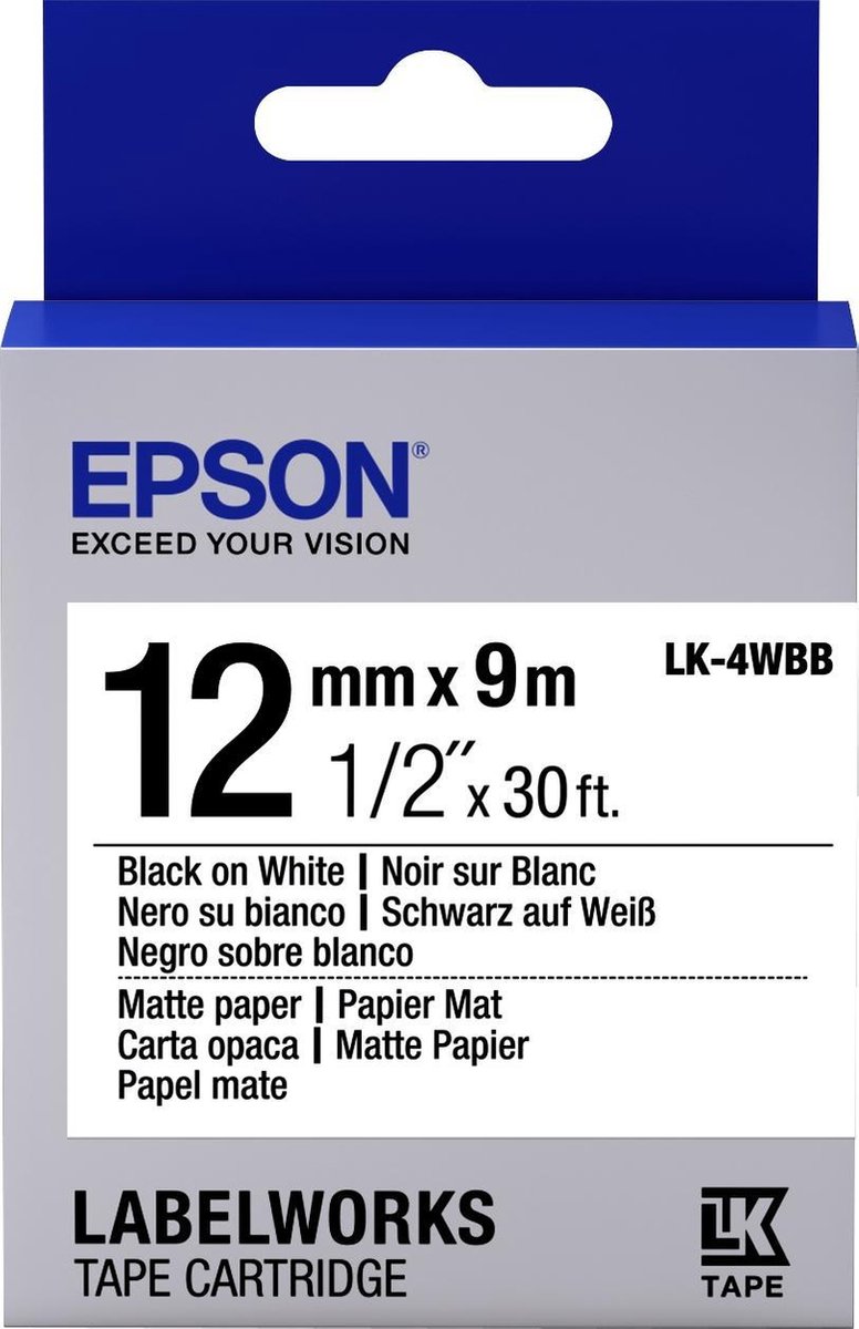 Epson Matte Paper Tape - LK-4WBB Matte Pap Blk/Wht 12/9
