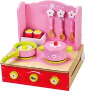 Playwood - Speel Keuken roze opklapbaar inclusief accessoires - Houten Fornuisje tafelmodel