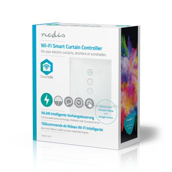 Verpakking Nedis Wi-Fi Smart Curtain Controller, voor elektrische gordijnen, rolluiken of zonneschermen. Werkt met Alexa en Google Home.