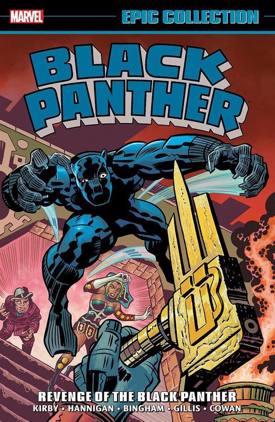 Stripboekcover: Black Panther springt naar voren met klauwen vooruit, boven een gouden hamer en personages in actie.