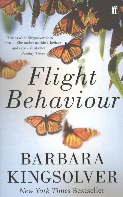 Boekomslag met Monarchvlinders, titel 'Flight Behaviour' door Barbara Kingsolver.