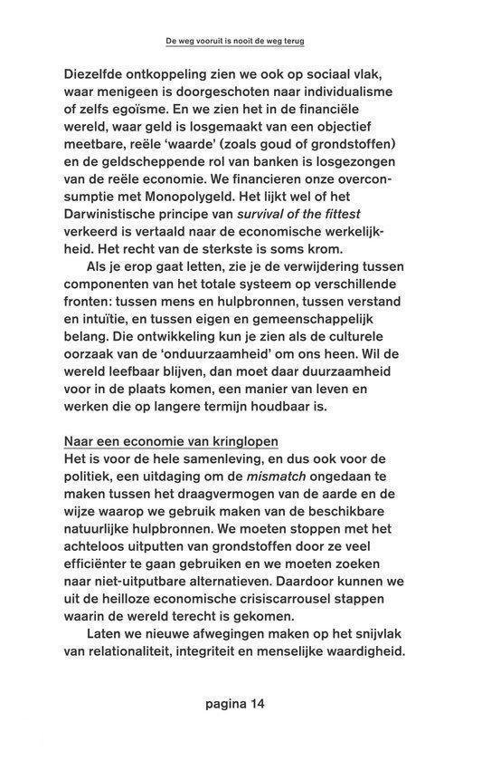 Pagina 14 met de titel "De weg vooruit is nooit de weg terug". Tekst gaat over sociale vlak, economie, duurzaamheid en individualisme.