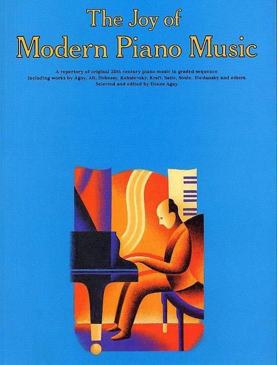 Une illustration stylisée d'une personne jouant du piano, avec le titre 'The Joy of Modern Piano Music'.