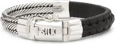 SILK Jewellery - Zilveren Armband - Weave - 741BLK.21 - zwart leer - Maat 21