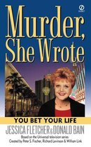 Boekomslag van "Murder, She Wrote", met een portret van Jessica Fletcher voor een stadsgezicht met palmbomen en neonreclame.