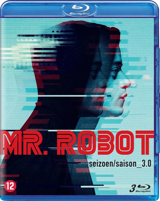 Blu-ray hoes van Mr. Robot seizoen 3, met een mannelijk profiel en glitchy effecten. 12+ leeftijdsindicatie.