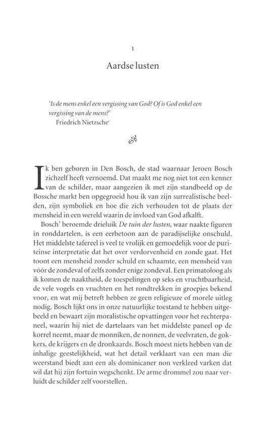 Pagina met tekst over het schilderij De tuin der lusten van Jheronimus Bosch, met citaten van Friedrich Nietzsche.