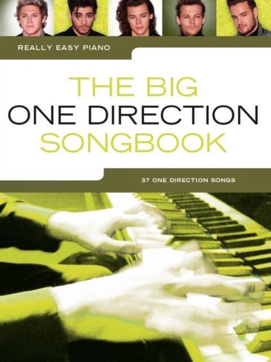 Boek met "Really Easy Piano: The Big One Direction Songbook" en vijf portretten van de bandleden van One Direction boven de titel.