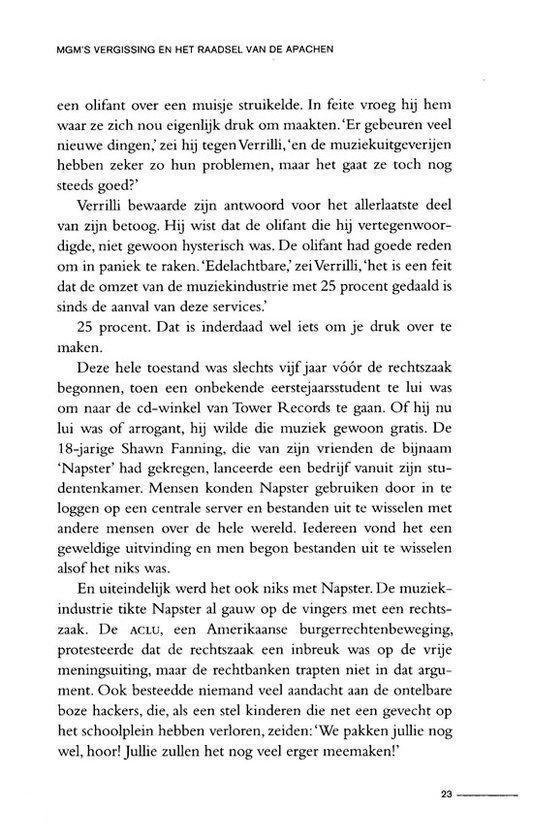 Pagina met tekst over een olifant, Verrilli, de muziekindustrie, Tower Records, Napster en de ACLU.