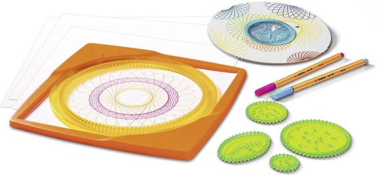 Ravensburger Spiral Designer speelgoed met tekenplaten, tandwielen, stiften en papier.