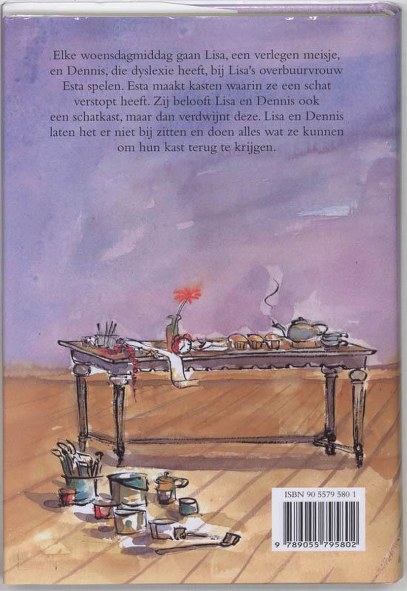 Boek met tekst en een tekening van een tafel met schilderspullen, gebakjes en een vaasje met bloemen. ISBN 90 5579 580 1.
