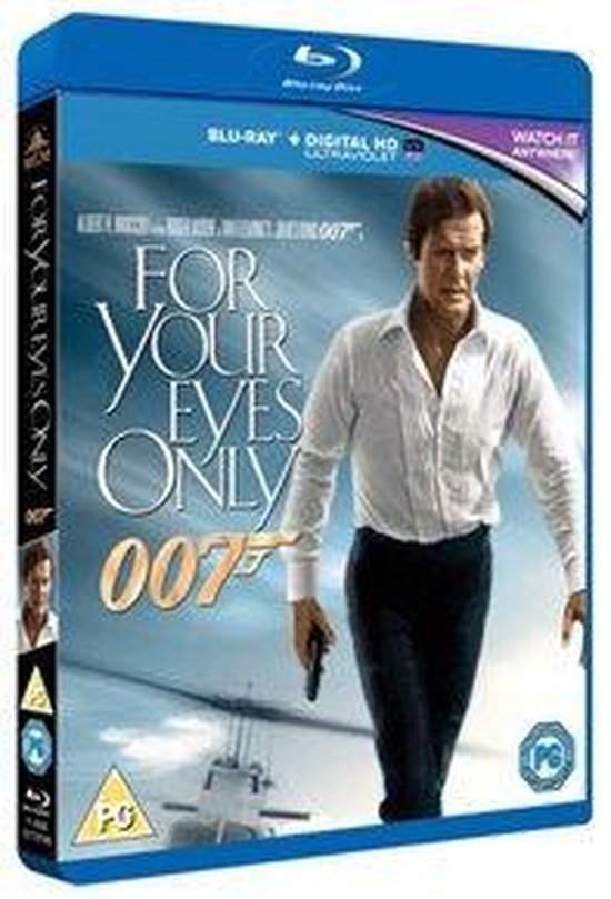 Blu-ray hoes met Roger Moore als James Bond 007 in een wit overhemd en donkere broek, filmtitel 'For Your Eyes Only' met 007 logo.