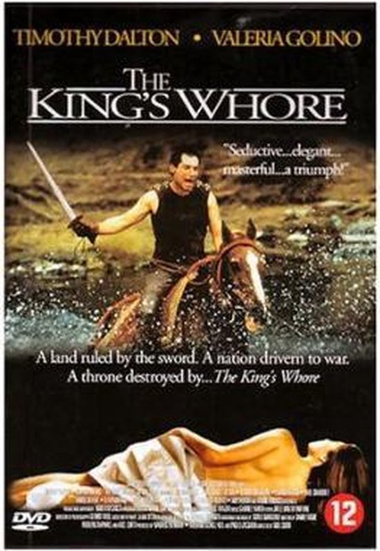 Filmhoes voor "The King's Whore" met Timothy Dalton te paard met zwaard en Valeria Golino liggend.