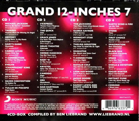 Achterkant van het album 'Grand 12-Inches 7' met cd-titels, artiesten en tracklists. "SONY MUSIC" logo en "4CD-BOX COMPPILED BY BEN LIEBRAND"