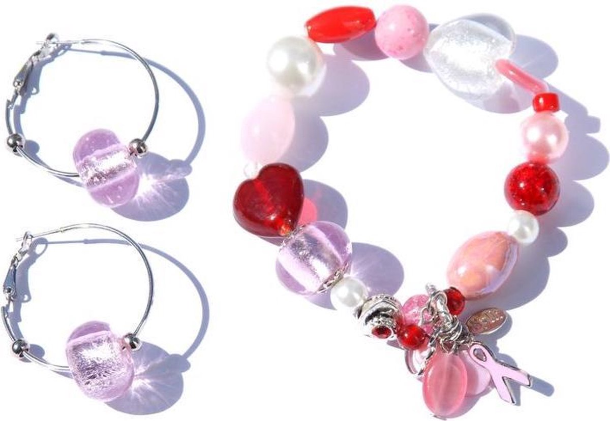 Jewellicious Designs Pink & Red Sweetheart geluksarmband & oorbellen voor Pink Ribbon