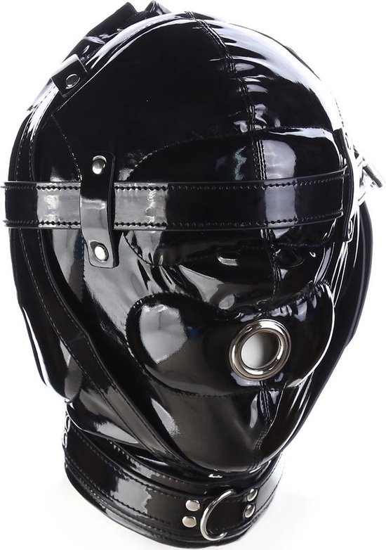 Foto: Banoch foraminis hood shiny black zwart bondage glans masker van pu leer bdsm