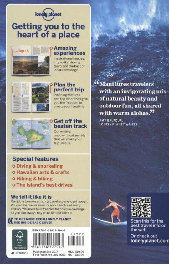 Achterpagina van het 'Lonely Planet Maui'-boek met een windsurfer, QR-code en informatie over de inhoud.