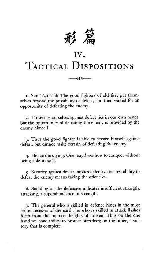 Titelpagina van "The Art of War" met het hoofdstuk "Tactical Dispositions".