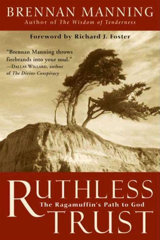 Boekcover met de titel 'Ruthless Trust' van Brennan Manning. Op de cover staat een silhouet van een boom op een rots onder een dramatische lucht.