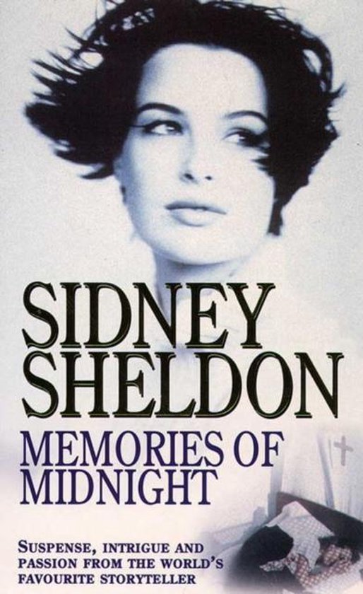 Boekomslag van 'Memories of Midnight' van Sidney Sheldon met een portret van een vrouw met donker, warrig haar en de tekst "MEMORIES OF MIDNIGHT".