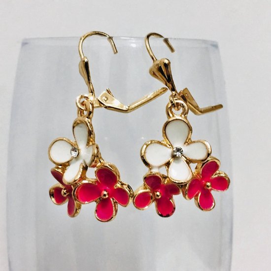 Fashionidea – mooie vrolijke goudkleurige oorbellen wit roze met zirkonia