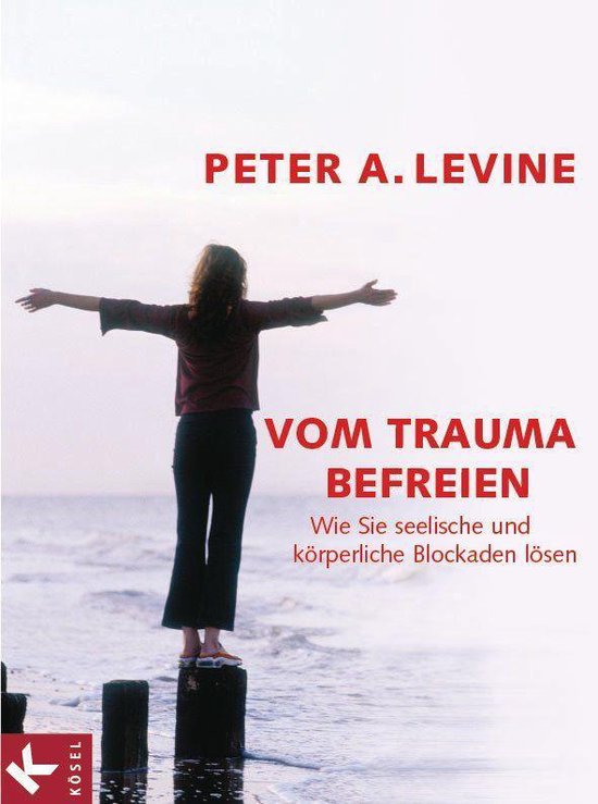 Boekomslag: Vrouw met open armen op palen in het water, met de titel 'Vom Trauma befreien'.