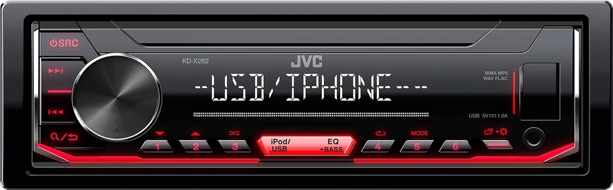 JVC KD-X262 - 1DIN Mechless USB autoradio - Rood