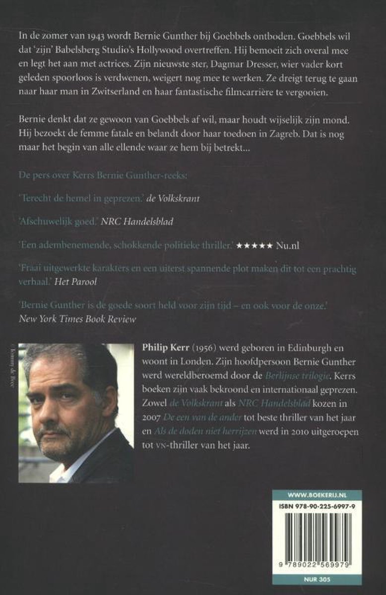 Boekomslag van 'De vrouw van Zagreb'. Achterkant met tekst en een portretfoto van de auteur, Philip Kerr.