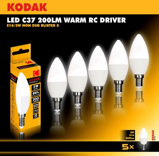 Moreel dictator Bij elkaar passen Kodak LED lampen - Candle C37 - E14 - 3W - 200 lumen - Warm White -  voordeelverpakking... | bol.com