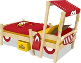 WICKEY Kinderbed, Eenpersoonsbed Crazy Sparky Fun rood dekzeil Houten bed 90 x 200 cm