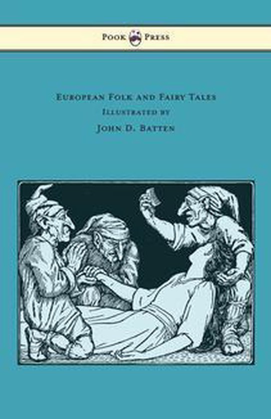 Boekomslag van 'European Folk and Fairy Tales', geïllustreerd door John D. Batten, met een tekening van drie trollen die een vrouw vasthouden.