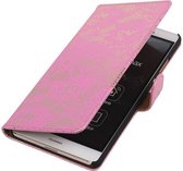 Sony Xperia E4g Lace Kant Bookstyle Wallet Hoesje Roze - Cover Case Hoes
