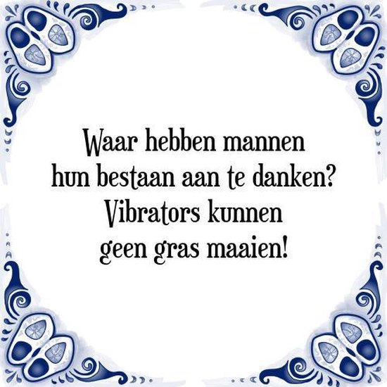 Foto: Tegeltje met spreuk tegeltjeswijsheid waar hebben mannen hun bestaan aan te danken vibrators kunnen geen gras maaien kado verpakking plakhanger