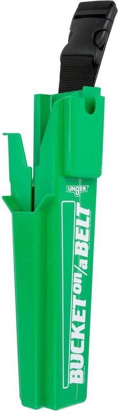 Groene "BUCKET on a BELT" houder met zwarte gesp en riem.