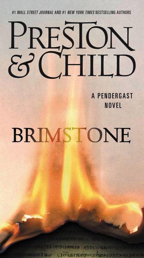 Couverture du livre Brimstone de Preston & Child avec des flammes brûlant du papier.