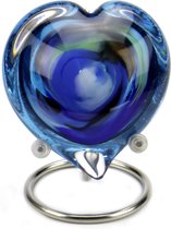 Glasobject Pebble hart mini urn glas blue met standaard