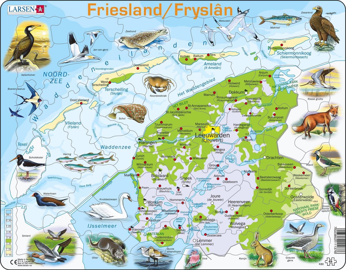 Larsen friesland geografisch met dieren - puzzel - kaarten & geografie - nederland - educatieve legpuzzel voor kinderen - 64 stukjes - gemaakt in noorwegen - extra dikke 2,5 mm stukjes - tray met vaste rand