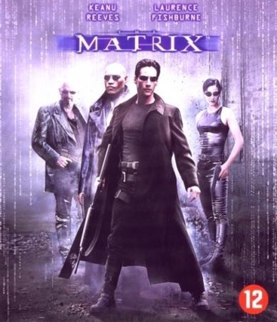 Keanu Reeves, Laurence Fishburne en anderen in Matrix, deels in een grijze omgeving, deels met digitale regen.